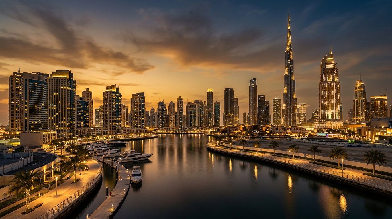 Dubai skyline with Burj Khalifa at golden dusk