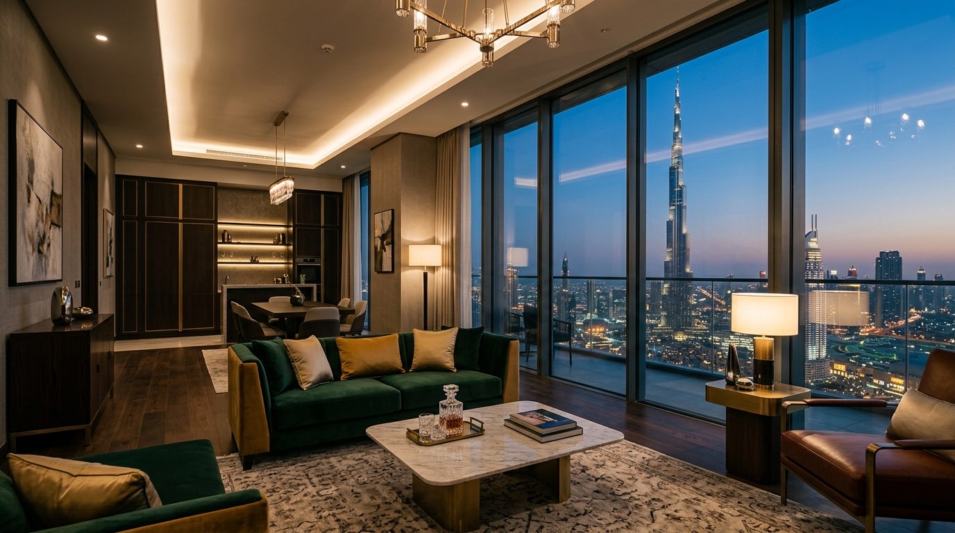 Luxury Dubai penthouse interior with Burj Khalifa view